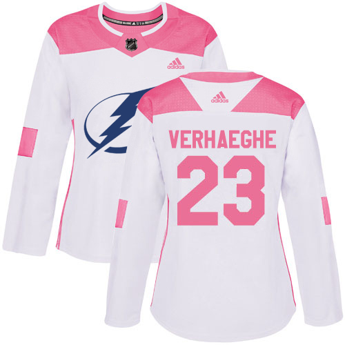 Adidas Tampa Bay Lightning #23 Carter Verhaeghe White Pink Authentic Fashion Women Stitched NHL Jersey->women nhl jersey->Women Jersey